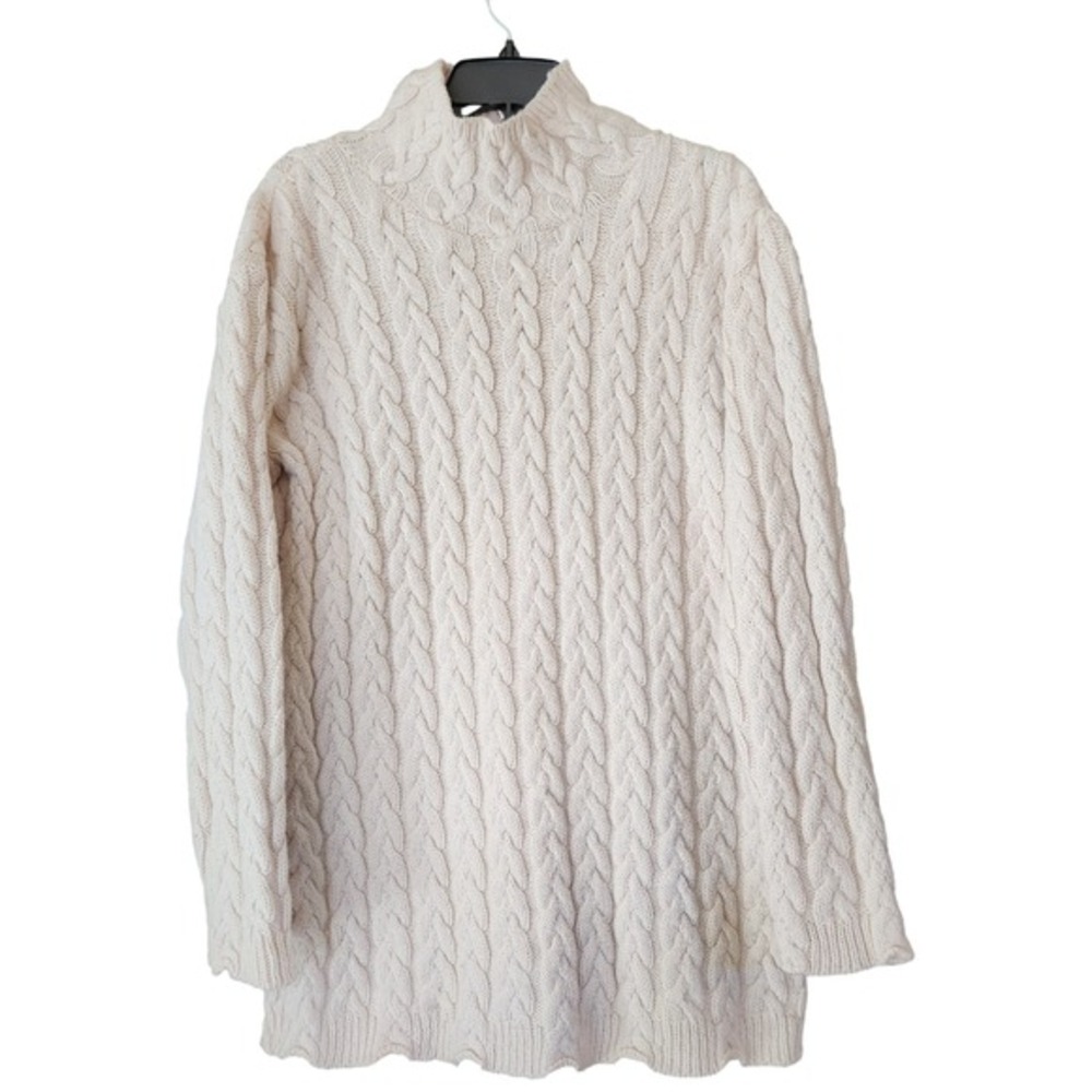 Vintage Chunky Cable Knit Tunic Sweater Cream Wool Cotton M Mock Neck Fisherman
